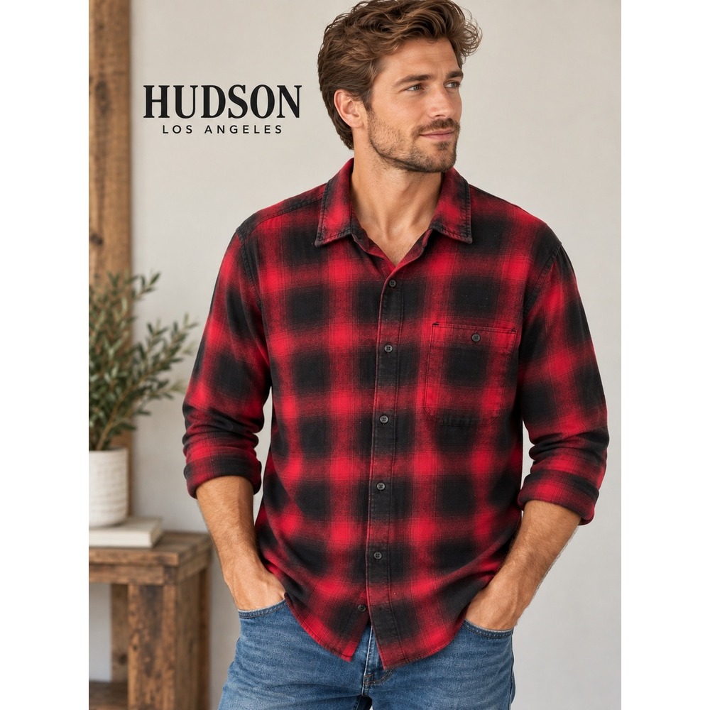 Hudson Los Angeles Mens XL Red Black Buffalo Plaid Flannel Button Down Shirt